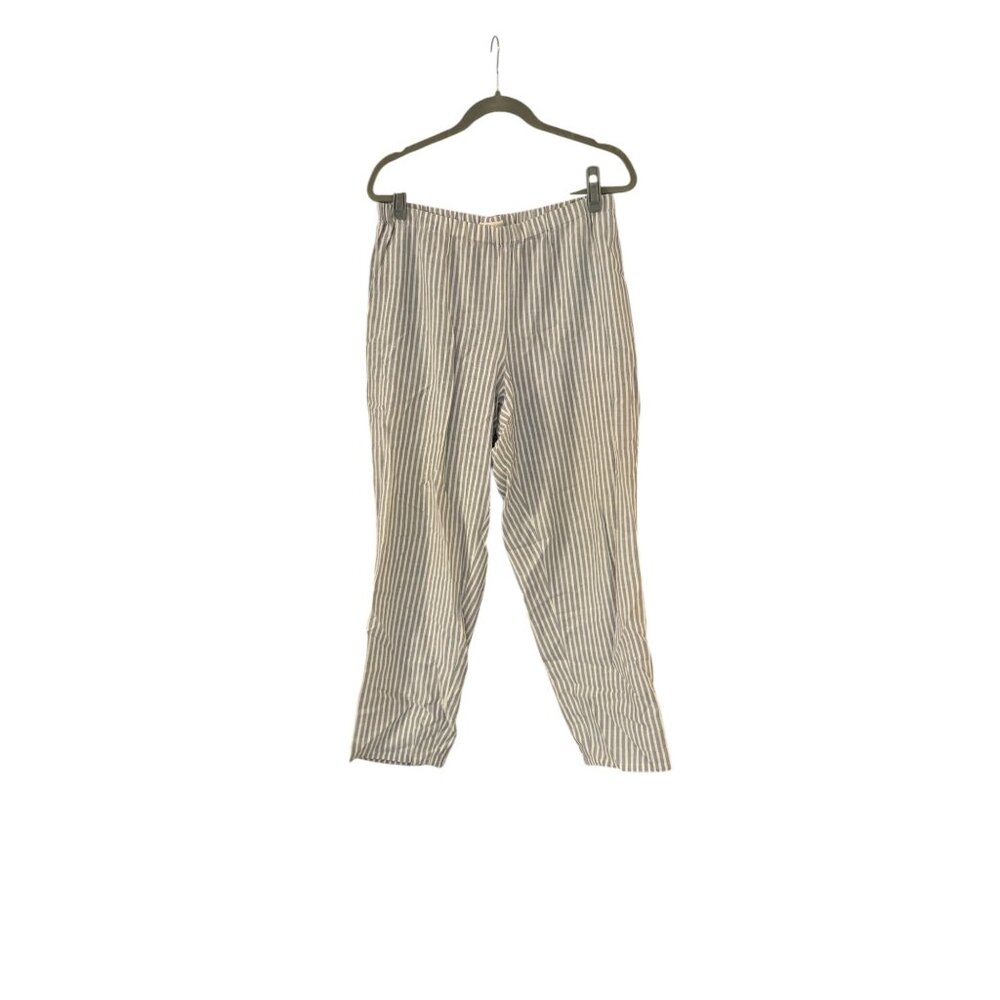 Eileen Fisher Blue Cream Straight Leg Elastic Waist Linen Pant Sz Large Pull On